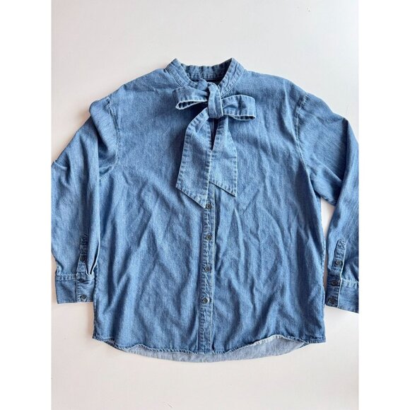 BODEN Fiona Indigo Cotton Denim Tie Neck Button Down Shirt Top, Size 12 - Picture 7 of 15